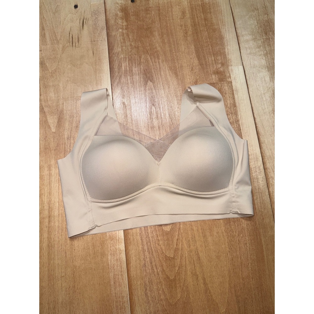 Womens Seamless V-Neck Bralette‎ Beige Nude Mesh Inset Pullover Bra Size L/XL